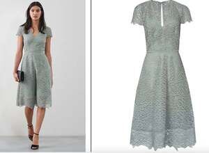 REISS Arielle Green Lace Dress V-Neckline Cap Sleeves Fit & Flare Size 2
